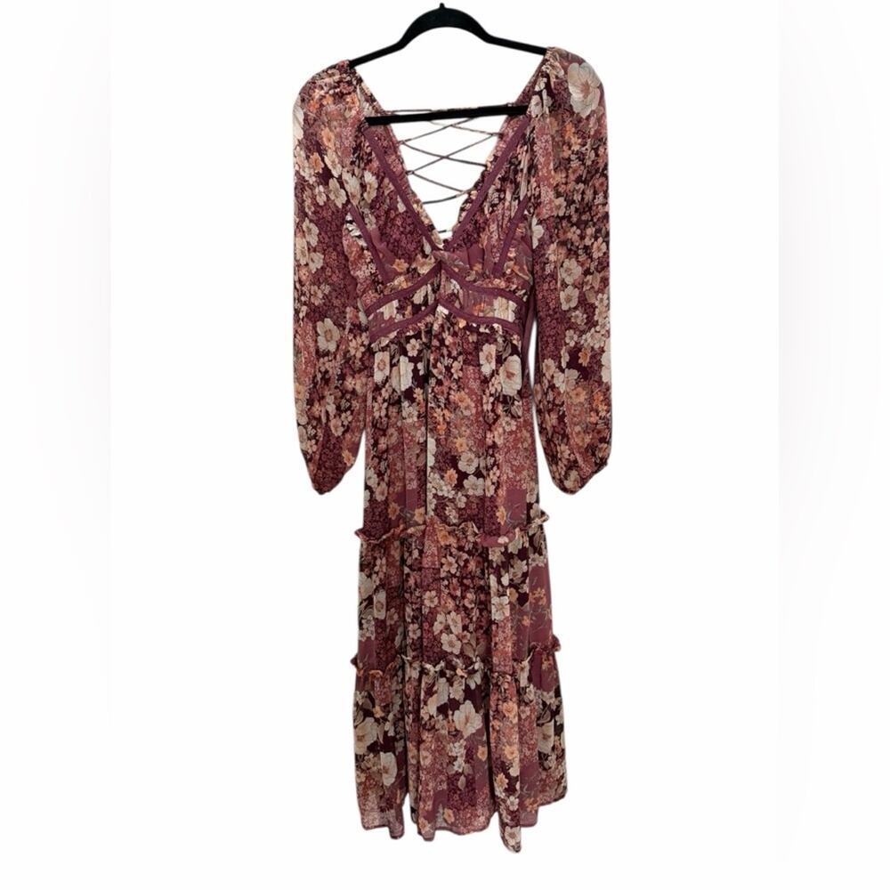 Altar'd State Billy Patchwork Maxi Dress Burgundy Floral Lace Up XS Cottagecore - Picture 2 of 7